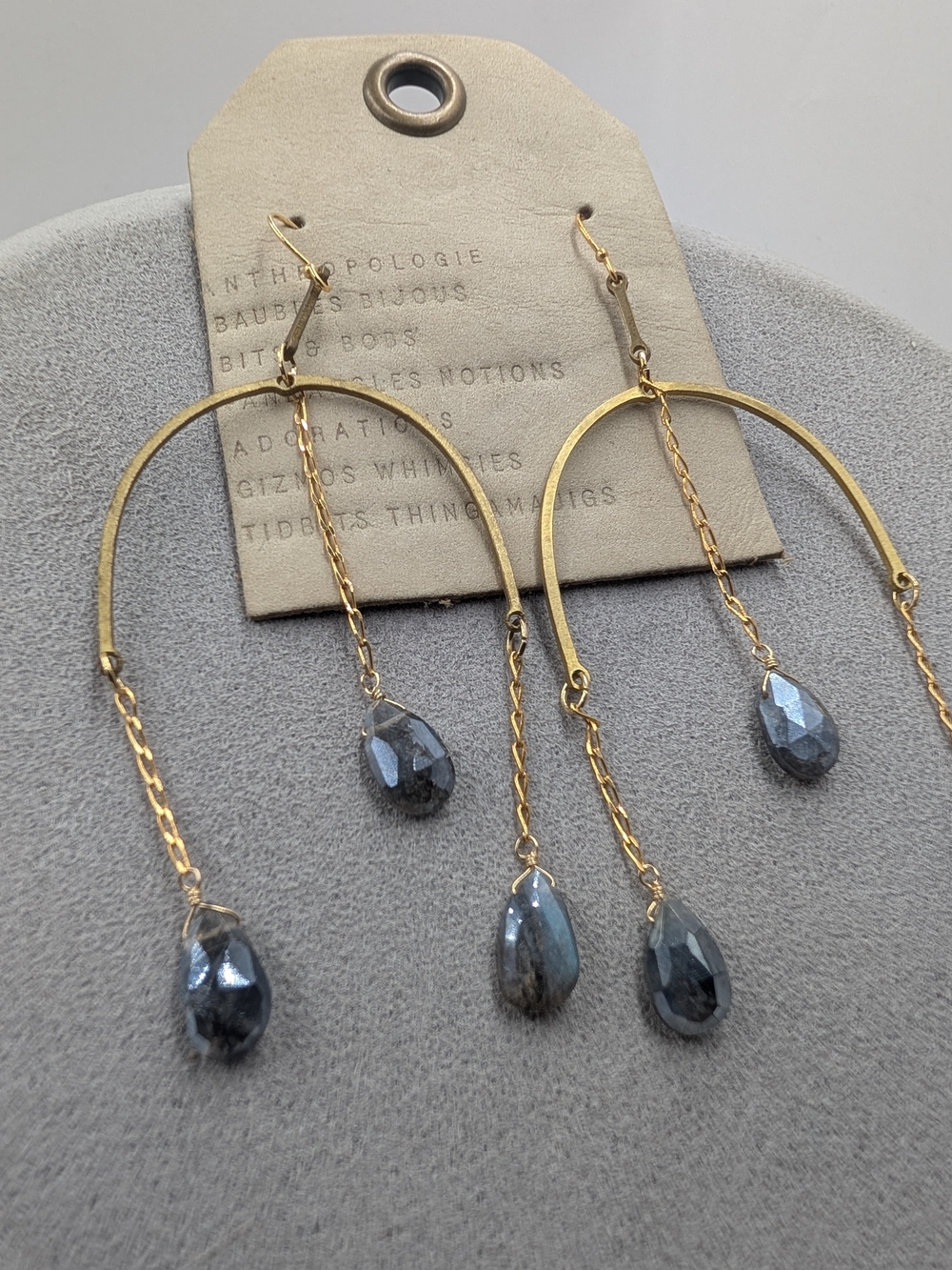 NWT Anthropologie Gold Arch Mobile Labradorite Teardrop Dangle Earrings 0407